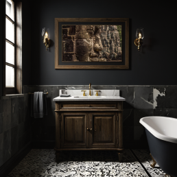 An Art Wall Room Mockup generated with AI for Print On Demand Seller. The mockup features a Dark Academia Style Bathroom with a framed photography print of the Angkor Wat Bagan temple hanged on the wall