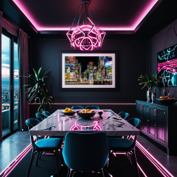 An Art Wall Room Mockup generated with AI for Print On Demand Seller. The mockup features a Cyberpunk Style Dining room with a framed photography print of the Tokyo Shibuya crossing at night hanged on the wall