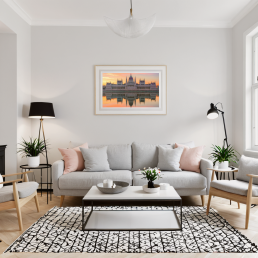 An Art Wall Room Mockup generated with AI for Print On Demand Seller. The mockup features a Scandinavian Style Living Room with a framed photography print of the Budapest Hungarian Parliament at sunrise hanged on the wall