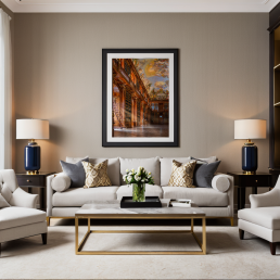 An Art Wall Room Mockup generated with AI for Print On Demand Seller. The mockup features a Contemporary Luxury Style Living Room with a framed photography print of the Strahov Monastery Library hanged on the wall