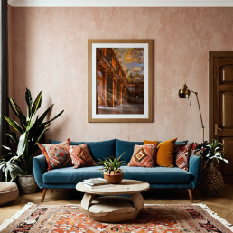 An Art Wall Room Mockup generated with AI for Print On Demand Seller. The mockup features a Bohemian Style Living Room with a framed photography print of the Strahov Monastery Library hanged on the wall