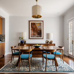 An Art Wall Room Mockup generated with AI for Print On Demand Seller. The mockup features a Mid Century Style Dining Room with a framed photography print of the Strahov Monastery Library hanged on the wall