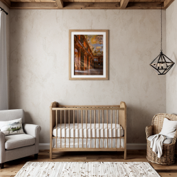 An Art Wall Room Mockup generated with AI for Print On Demand Seller. The mockup features a Moder Farmhouse Style Nursery Room with a framed photography print of the Strahov Monastery Library hanged on the wall