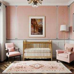 An Art Wall Room Mockup generated with AI for Print On Demand Seller. The mockup features a Art Deco Style Nursery Room with a framed photography print of the Strahov Monastery Library hanged on the wall