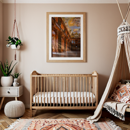 An Art Wall Room Mockup generated with AI for Print On Demand Seller. The mockup features a Bohemian Style Nursery Room with a framed photography print of the Strahov Monastery Library hanged on the wall