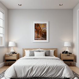 An Art Wall Room Mockup generated with AI for Print On Demand Seller. The mockup features a Modern and Minimalist Style Bedroom with a framed photography print of the Strahov Monastery Library hanged on the wall