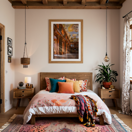 An Art Wall Room Mockup generated with AI for Print On Demand Seller. The mockup features a Bohemian Style Bedroom with a framed photography print of the Strahov Monastery Library hanged on the wall