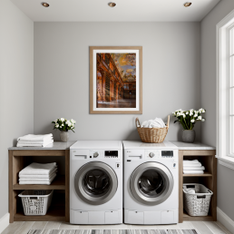 An Art Wall Room Mockup generated with AI for Print On Demand Seller. The mockup features a Modern and Minimalist Style Laundry Room with a framed photography print of the Strahov Monastery Library hanged on the wall