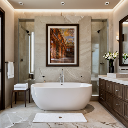 An Art Wall Room Mockup generated with AI for Print On Demand Seller. The mockup features a Contemporary Luxury Style Bathroom with a framed photography print of the Strahov Monastery Library hanged on the wall