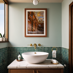 An Art Wall Room Mockup generated with AI for Print On Demand Seller. The mockup features a Mid Century Modern Style Bathroom with a framed photography print of the Strahov Monastery Library hanged on the wall