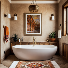 An Art Wall Room Mockup generated with AI for Print On Demand Seller. The mockup features a Bohemian Style Bathroom with a framed photography print of the Strahov Monastery Library hanged on the wall