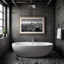 An Art Wall Room Mockup generated with AI for Print On Demand Seller. The mockup features an Industrial Style Bathroom with a framed photography print of the New York Manhattan Skyline hanged on the wall