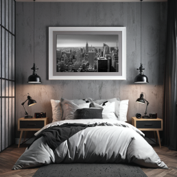 An Art Wall Room Mockup generated with AI for Print On Demand Seller. The mockup features an Industrial Style Bedroom with a framed photography print of the New York Manhattan Skyline hanged on the wall