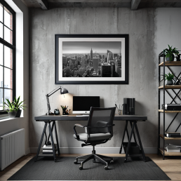 An Art Wall Room Mockup generated with AI for Print On Demand Seller. The mockup features an Industrial Style Home Office Room with a framed photography print of the New York Manhattan Skyline hanged on the wall