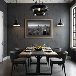 An Art Wall Room Mockup generated with AI for Print On Demand Seller. The mockup features an Industrial Style Dinning Room with a framed photography print of the New York Manhattan Skyline hanged on the wall