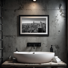 An Art Wall Room Mockup generated with AI for Print On Demand Seller. The mockup features an Industrial Style Bathroom with a framed photography print of the New York Manhattan Skyline hanged on the wall