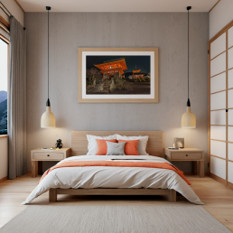 An Art Wall Room Mockup generated with AI for Print On Demand Seller. The mockup features a Japandi Bedroom with a framed photography print of the Kiyomizudera Temple Osaka hanged on the wall
