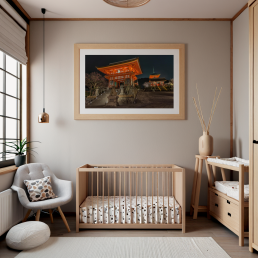An Art Wall Room Mockup generated with AI for Print On Demand Seller. The mockup features a Japandi Nursery Room with a framed photography print of the Kiyomizudera Temple Osaka hanged on the wall
