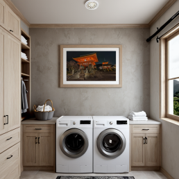 An Art Wall Room Mockup generated with AI for Print On Demand Seller. The mockup features a Japandi Laundry Room with a framed photography print of the Kiyomizudera Temple Osaka hanged on the wall