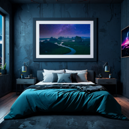 An Art Wall Room Mockup generated with AI for Print On Demand Seller. The mockup features a Cyberpunk Style Bedroom with a framed photography print of the Phang Nga mountain under a starry night on the wall