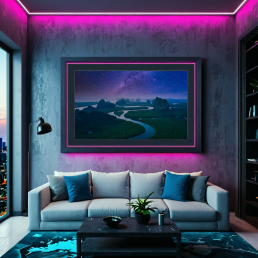 An Art Wall Room Mockup generated with AI for Print On Demand Seller. The mockup features a Cyberpunk Style Living Room with a framed photography print of the Phang Nga mountain under a starry night on the wall