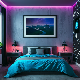 An Art Wall Room Mockup generated with AI for Print On Demand Seller. The mockup features a Cyberpunk Style Kids Bedroom with a framed photography print of the Phang Nga mountain under a starry night on the wall