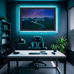 An Art Wall Room Mockup generated with AI for Print On Demand Seller. The mockup features a Cyberpunk Style Home Office Room with a framed photography print of the Phang Nga mountain under a starry night on the wall