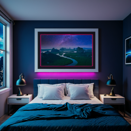 An Art Wall Room Mockup generated with AI for Print On Demand Seller. The mockup features a Cyberpunk Style BedRoom with a framed photography print of the Phang Nga mountain under a starry night on the wall