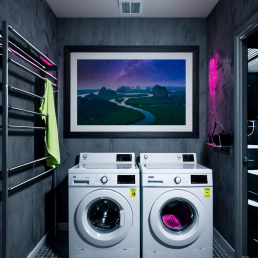 An Art Wall Room Mockup generated with AI for Print On Demand Seller. The mockup features a Cyberpunk Style Laundry Room with a framed photography print of the Phang Nga mountain under a starry night on the wall