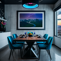 An Art Wall Room Mockup generated with AI for Print On Demand Seller. The mockup features a Cyberpunk Style Dining Room with a framed photography print of the Phang Nga mountain under a starry night on the wall
