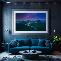 An Art Wall Room Mockup generated with AI for Print On Demand Seller. The mockup features a Cyberpunk Style Living Room with a framed photography print of the Phang Nga mountain under a starry night on the wall