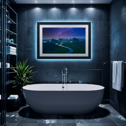 An Art Wall Room Mockup generated with AI for Print On Demand Seller. The mockup features a Cyberpunk Style Bathroom with a framed photography print of the Phang Nga mountain under a starry night on the wall