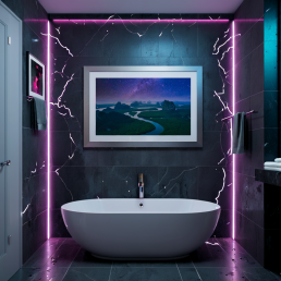 An Art Wall Room Mockup generated with AI for Print On Demand Seller. The mockup features a Cyberpunk Style Bathroom with a framed photography print of the Phang Nga mountain under a starry night on the wall