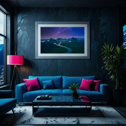 An Art Wall Room Mockup generated with AI for Print On Demand Seller. The mockup features a Cyberpunk Style Living Room with a framed photography print of the Phang Nga mountain under a starry night on the wall