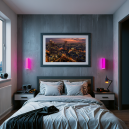 An Art Wall Room Mockup generated with AI for Print On Demand Seller. The mockup features a Cyberpunk Style Kids Bedroom with a framed photography print of the Shinjuku Business District at Sunset on the wall