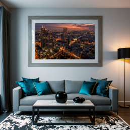 An Art Wall Room Mockup generated with AI for Print On Demand Seller. The mockup features a Cyberpunk Style Kids Living Room with a framed photography print of the Shinjuku Business District at Sunset on the wall