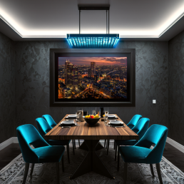 An Art Wall Room Mockup generated with AI for Print On Demand Seller. The mockup features a Cyberpunk Style Kids Dining Room with a framed photography print of the Shinjuku Business District at Sunset on the wall