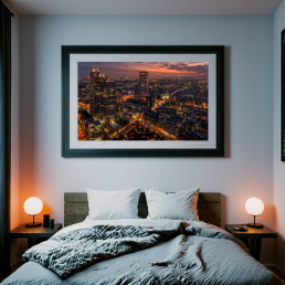 An Art Wall Room Mockup generated with AI for Print On Demand Seller. The mockup features a Cyberpunk Style Kids Bedroom with a framed photography print of the Shinjuku Business District at Sunset on the wall