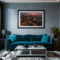 An Art Wall Room Mockup generated with AI for Print On Demand Seller. The mockup features a Cyberpunk Style Living Room with a framed photography print of the Shinjuku Business District at Sunset on the wall
