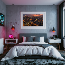 An Art Wall Room Mockup generated with AI for Print On Demand Seller. The mockup features a Cyberpunk Style Kids Bedroom with a framed photography print of the Shinjuku Business District at Sunset on the wall