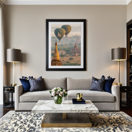 An Art Wall Room Mockup generated with AI for Print On Demand Seller. The mockup features a Contemporary Luxury Style Living Room with a framed photography print of Bagan temples with its Balloons in the sky at sunrise on the wall