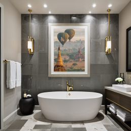 An Art Wall Room Mockup generated with AI for Print On Demand Seller. The mockup features a Contemporary Luxury Style Bathroom with a framed photography print of Bagan temples with its Balloons in the sky at sunrise on the wall