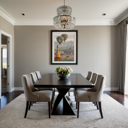 An Art Wall Room Mockup generated with AI for Print On Demand Seller. The mockup features a Contemporary Luxury Style Dining Room with a framed photography print of Bagan temples with its Balloons in the sky at sunrise on the wall