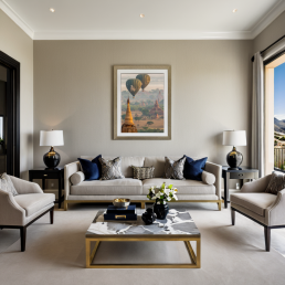 An Art Wall Room Mockup generated with AI for Print On Demand Seller. The mockup features a Contemporary Luxury Style Living Room with a framed photography print of Bagan temples with its Balloons in the sky at sunrise on the wall