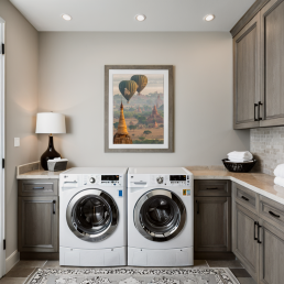 An Art Wall Room Mockup generated with AI for Print On Demand Seller. The mockup features a Contemporary Luxury Style Laundry Room with a framed photography print of Bagan temples with its Balloons in the sky at sunrise on the wall