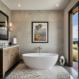 An Art Wall Room Mockup generated with AI for Print On Demand Seller. The mockup features a Contemporary Luxury Style Bathroom with a framed photography print of Bagan temples with its Balloons in the sky at sunrise on the wall