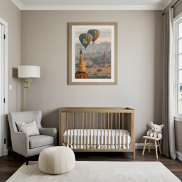An Art Wall Room Mockup generated with AI for Print On Demand Seller. The mockup features a Contemporary Luxury Style Nursery Room with a framed photography print of Bagan temples with its Balloons in the sky at sunrise on the wall