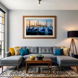 An Art Wall Room Mockup generated with AI for Print On Demand Seller. The mockup features a Mid Century Modern Style Living Room with a framed photography print of the Venice Grand Canal and its Gondola on the wall