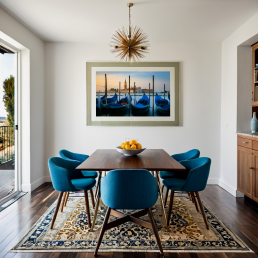 An Art Wall Room Mockup generated with AI for Print On Demand Seller. The mockup features a Mid Century Modern Style Dining Room with a framed photography print of the Venice Grand Canal and its Gondola on the wall