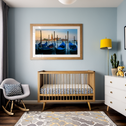 An Art Wall Room Mockup generated with AI for Print On Demand Seller. The mockup features a Mid Century Modern Style Nursery Room with a framed photography print of the Venice Grand Canal and its Gondola on the wall